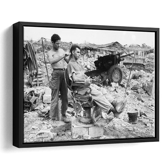 Vintage Wall Art, Soldier Getting Haircut, Black and White, Barber Shop Decor, Floating Framed Canvas Print