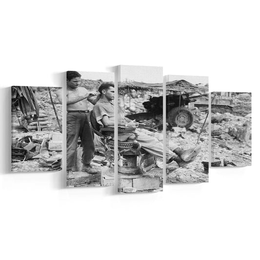 Vintage Wall Art, Soldier Getting Haircut, Black and White, Barber Shop Decor, Mixed 5 Pieces Canvas Print