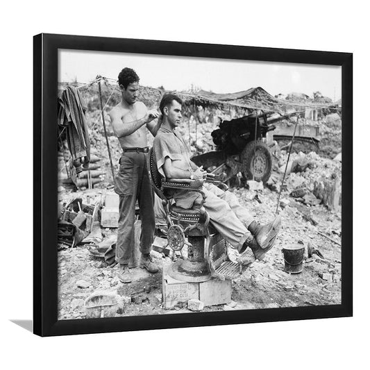 Vintage Wall Art, Soldier Getting Haircut, Black and White, Barber Shop Decor, Framed Art Print Wall Decor