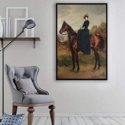 Vintage Woman on a Horse Moody Art Print Antique Art, Framed Canvas Print Wall Art, Floating Frame
