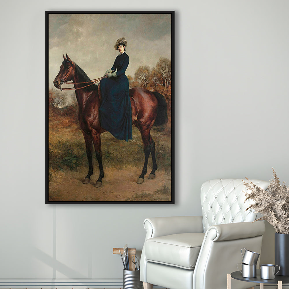 Vintage Woman on a Horse Moody Art Print Antique Art, Framed Canvas Print Wall Art, Floating Frame