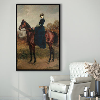 Vintage Woman on a Horse Moody Art Print Antique Art, Framed Canvas Print Wall Art, Floating Frame