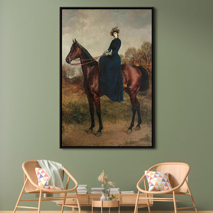 Vintage Woman on a Horse Moody Art Print Antique Art, Framed Canvas Print Wall Art, Floating Frame