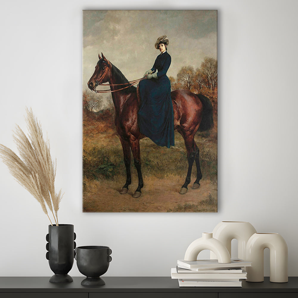 Vintage Woman on a Horse Moody Art Print Antique Art, Canvas Print Wall Art, Wall Decor, Painting Canvas