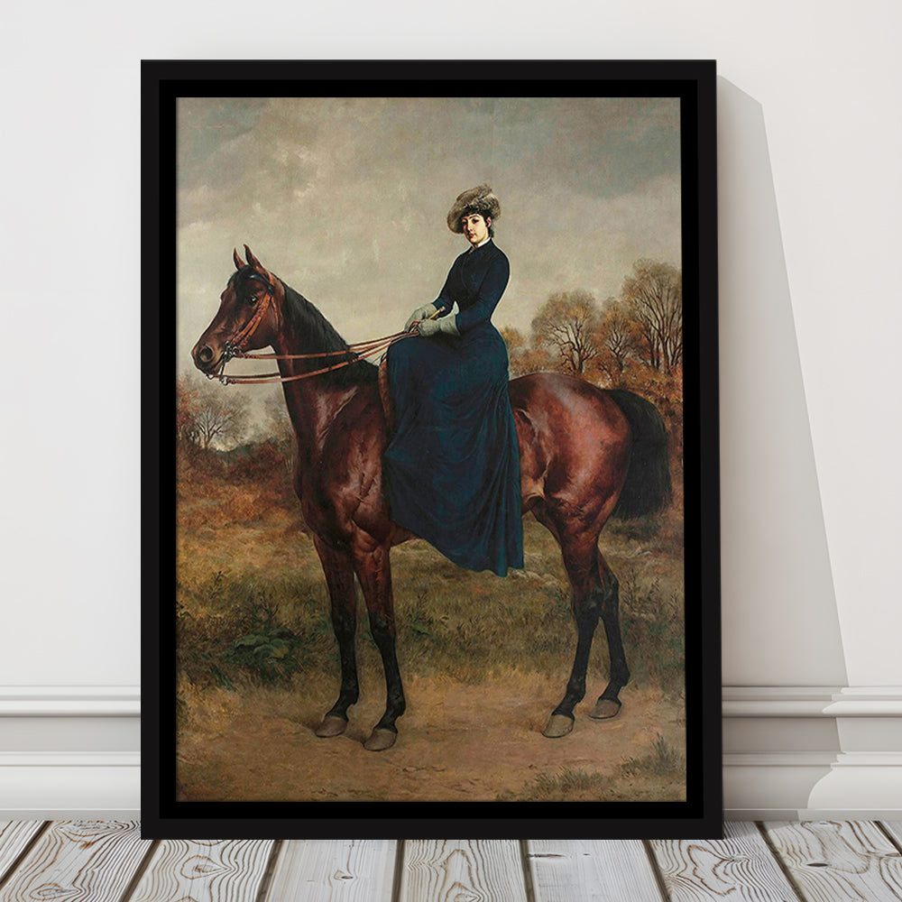 Vintage Woman on a Horse Moody Art Print Antique Art, Framed Canvas Print Wall Art, Floating Frame