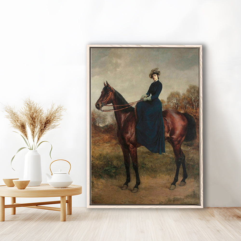 Vintage Woman on a Horse Moody Art Print Antique Art, Framed Canvas Print Wall Art, Floating Frame