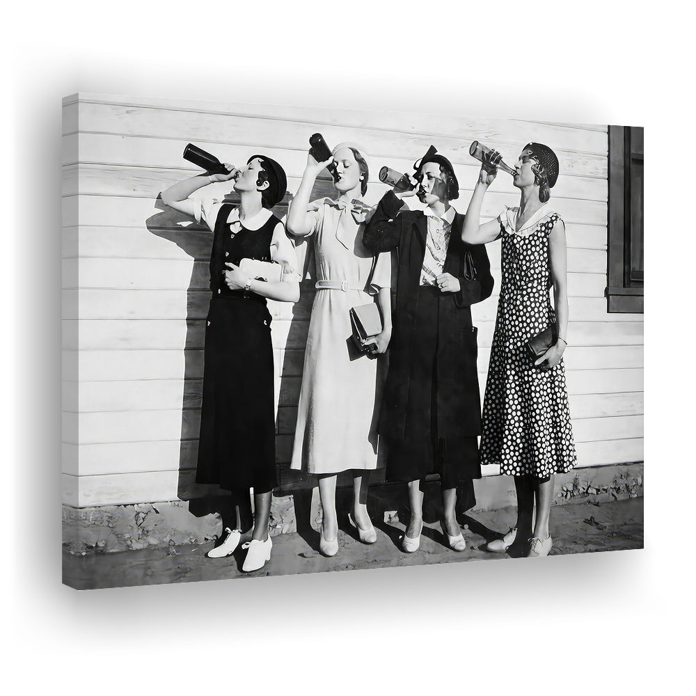 Vintage Women Drinking Beers Canvas Print Wall Art, Beer Drinkers Alcohol Black and White Print, Funny Wall Art