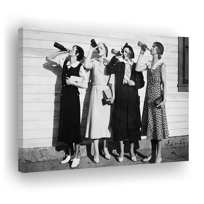Vintage Women Drinking Beers Canvas Print Wall Art, Beer Drinkers Alcohol Black and White Print, Funny Wall Art