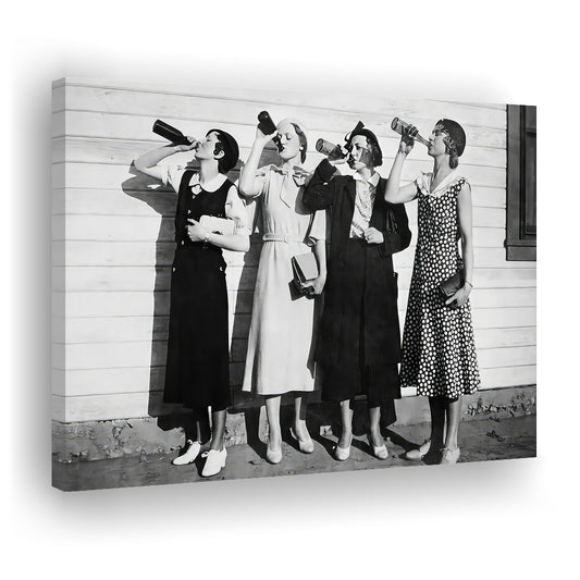 Vintage Women Drinking Beers Canvas Print Wall Art, Beer Drinkers Alcohol Black and White Print, Funny Wall Art