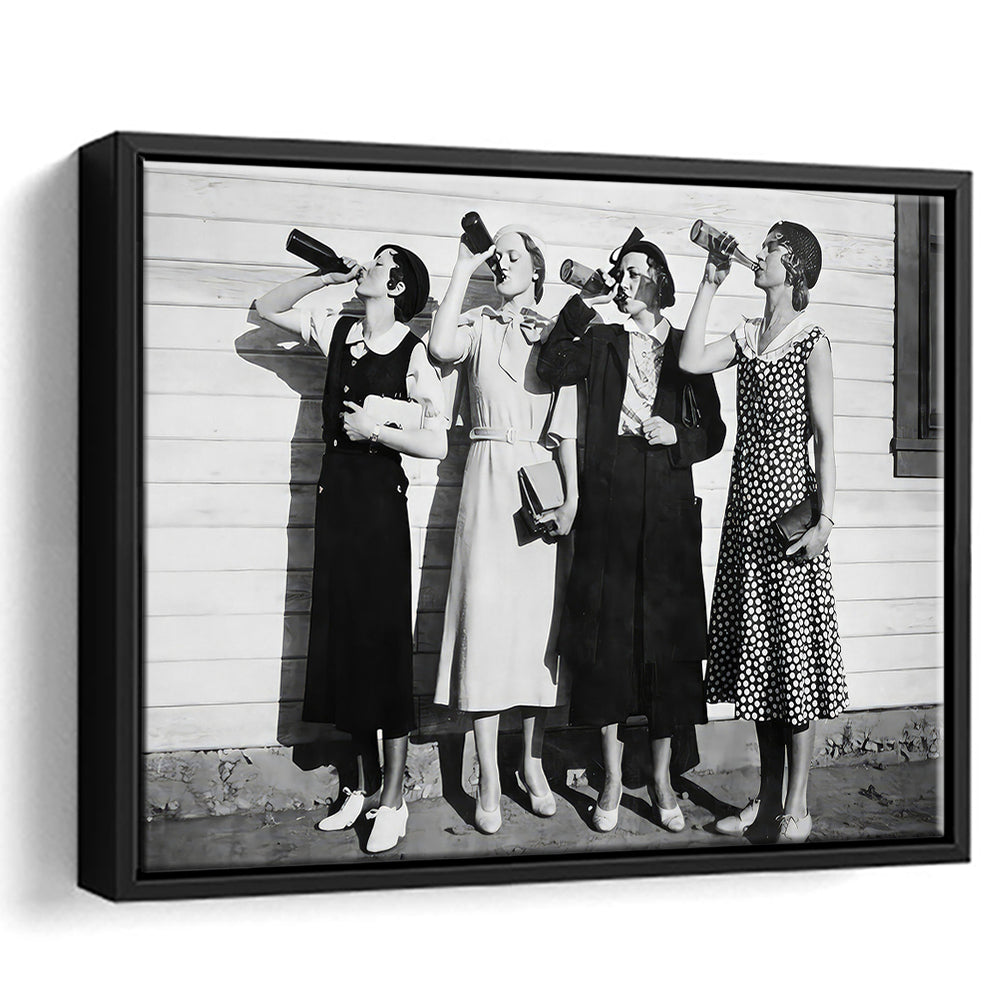 Vintage Women Drinking Beers Framed Canvas Print Wall Art, Beer Drinkers Alcohol Black and White Print, Funny Wall Art