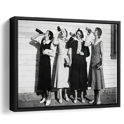 Vintage Women Drinking Beers Framed Canvas Print Wall Art, Beer Drinkers Alcohol Black and White Print, Funny Wall Art