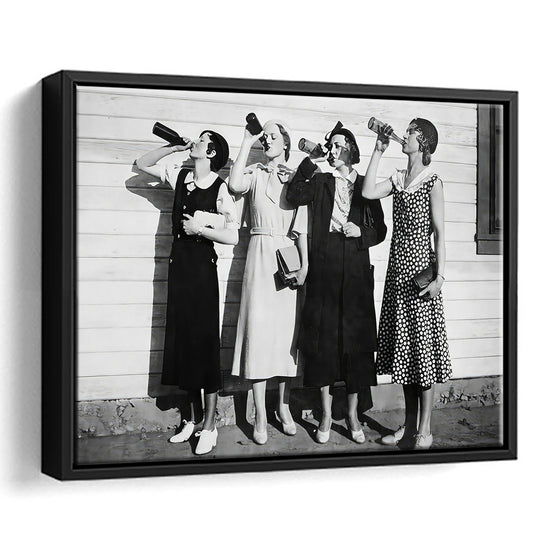 Vintage Women Drinking Beers Framed Canvas Print Wall Art, Beer Drinkers Alcohol Black and White Print, Funny Wall Art