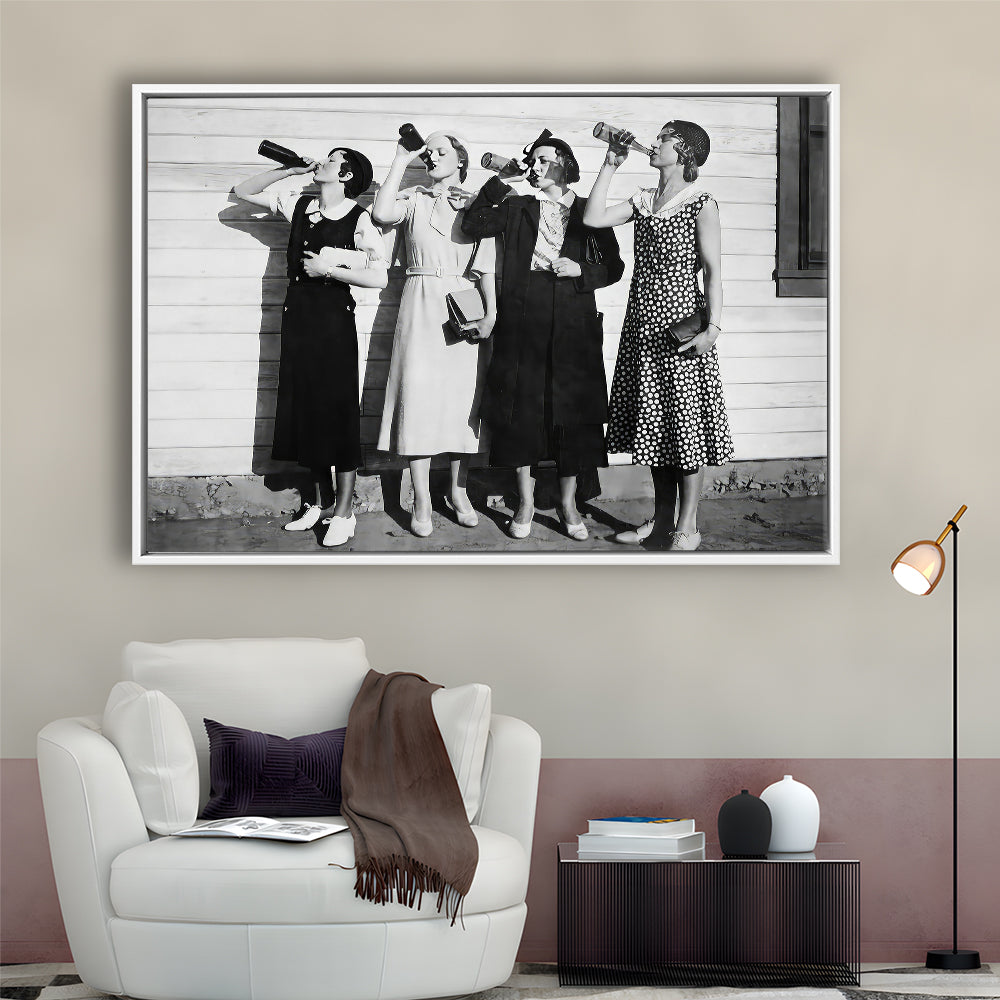 Vintage Women Drinking Beers Framed Canvas Print Wall Art, Beer Drinkers Alcohol Black and White Print, Funny Wall Art