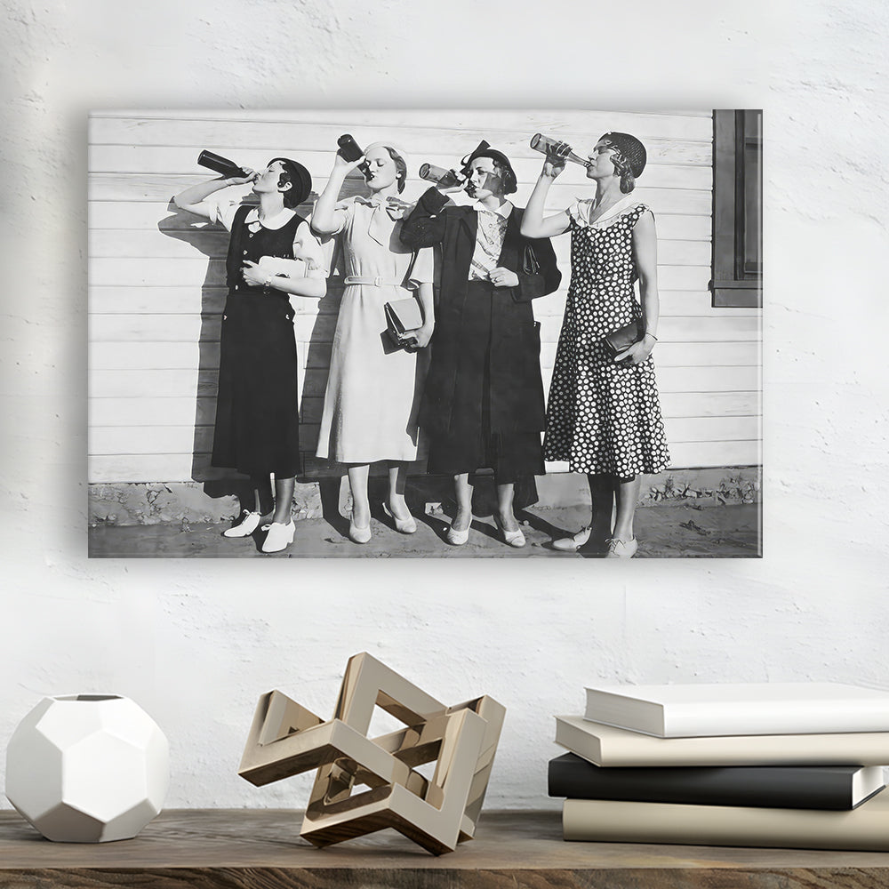 Vintage Women Drinking Beers Canvas Print Wall Art, Beer Drinkers Alcohol Black and White Print, Funny Wall Art