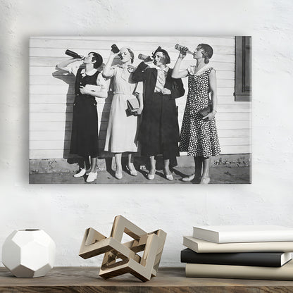Vintage Women Drinking Beers Canvas Print Wall Art, Beer Drinkers Alcohol Black and White Print, Funny Wall Art