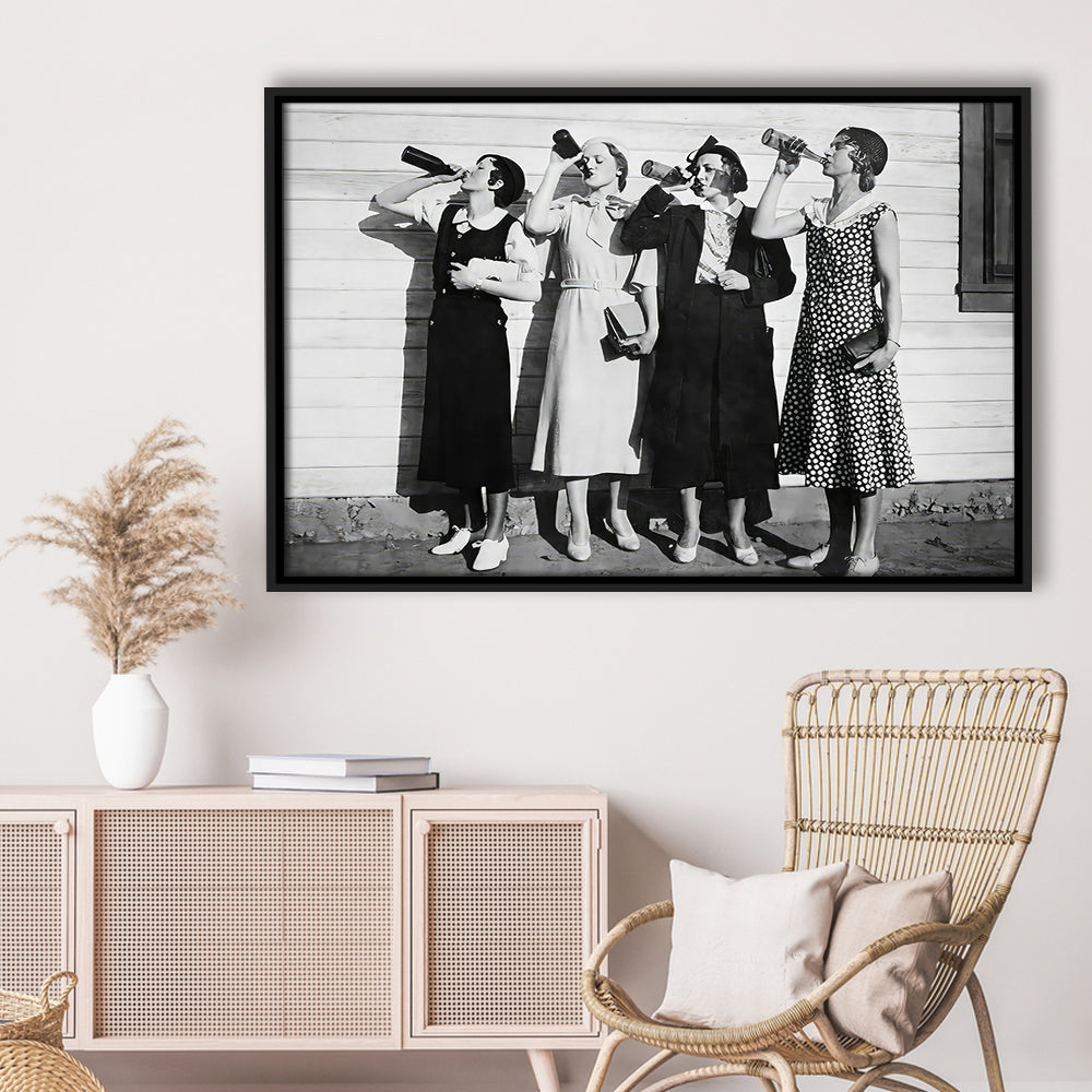Vintage Women Drinking Beers Framed Canvas Print Wall Art, Beer Drinkers Alcohol Black and White Print, Funny Wall Art