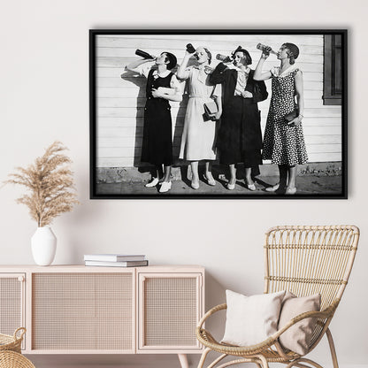 Vintage Women Drinking Beers Framed Canvas Print Wall Art, Beer Drinkers Alcohol Black and White Print, Funny Wall Art