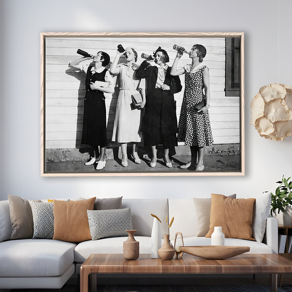 Vintage Women Drinking Beers Framed Canvas Print Wall Art, Beer Drinkers Alcohol Black and White Print, Funny Wall Art
