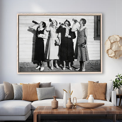 Vintage Women Drinking Beers Framed Canvas Print Wall Art, Beer Drinkers Alcohol Black and White Print, Funny Wall Art