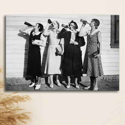 Vintage Women Drinking Beers Canvas Print Wall Art, Beer Drinkers Alcohol Black and White Print, Funny Wall Art
