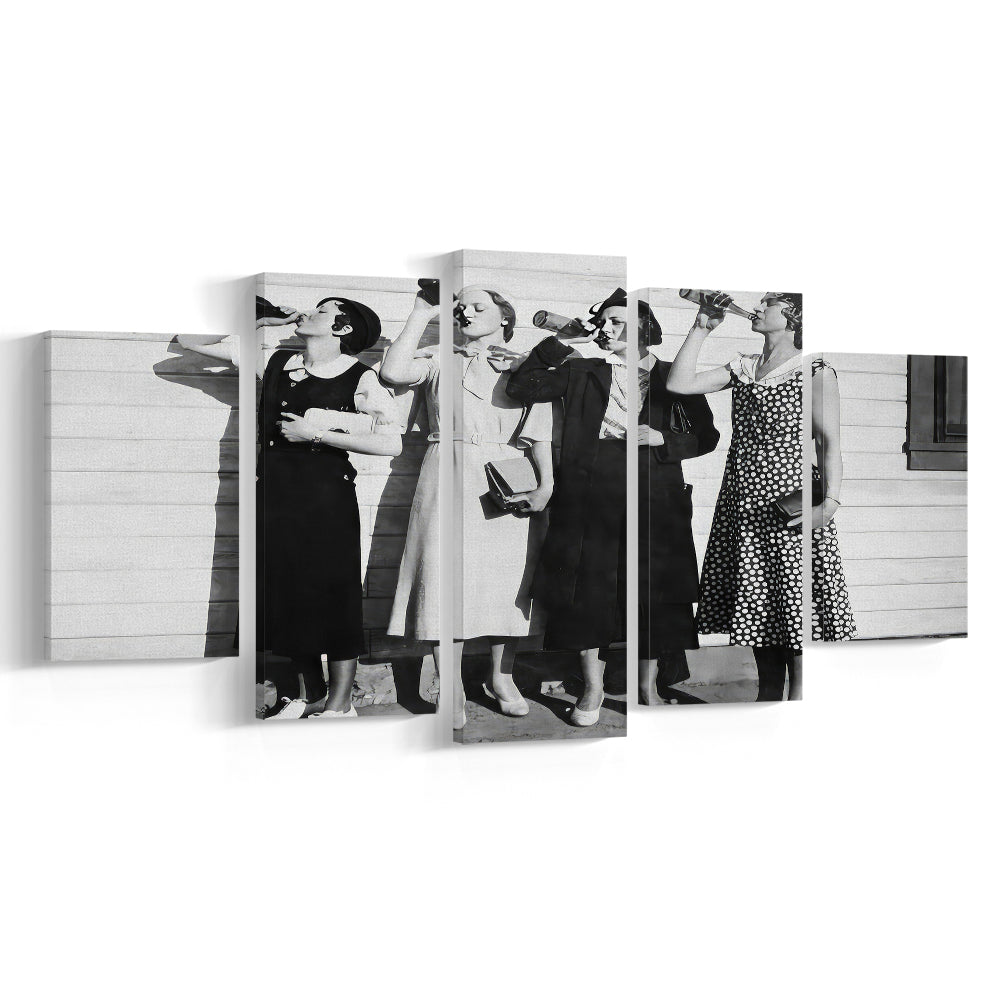 Vintage Women Drinking Beers Mixed Canvas Print Wall Art, Beer Drinkers Alcohol Black and White Print, Funny Wall Art