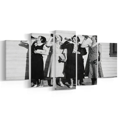 Vintage Women Drinking Beers Mixed Canvas Print Wall Art, Beer Drinkers Alcohol Black and White Print, Funny Wall Art