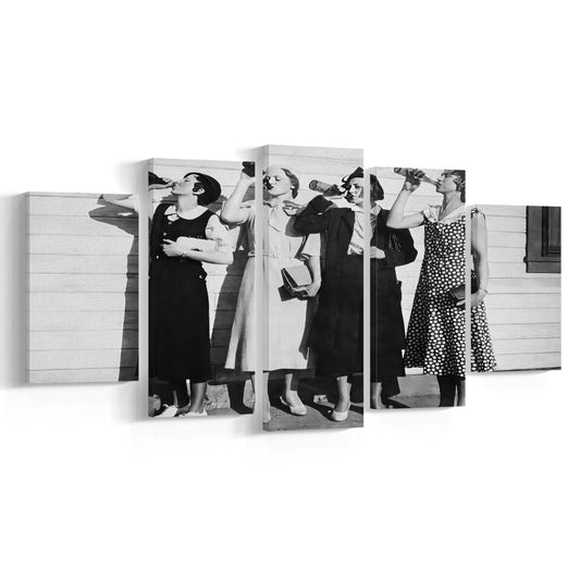 Vintage Women Drinking Beers Mixed Canvas Print Wall Art, Beer Drinkers Alcohol Black and White Print, Funny Wall Art