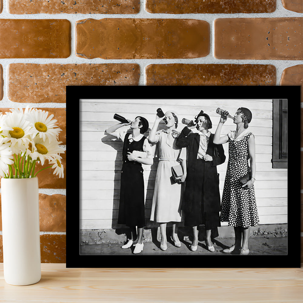 Vintage Women Drinking Beers Framed Art Print Wall Decor, Beer Drinkers Alcohol Black and White Print, Funny Wall Art