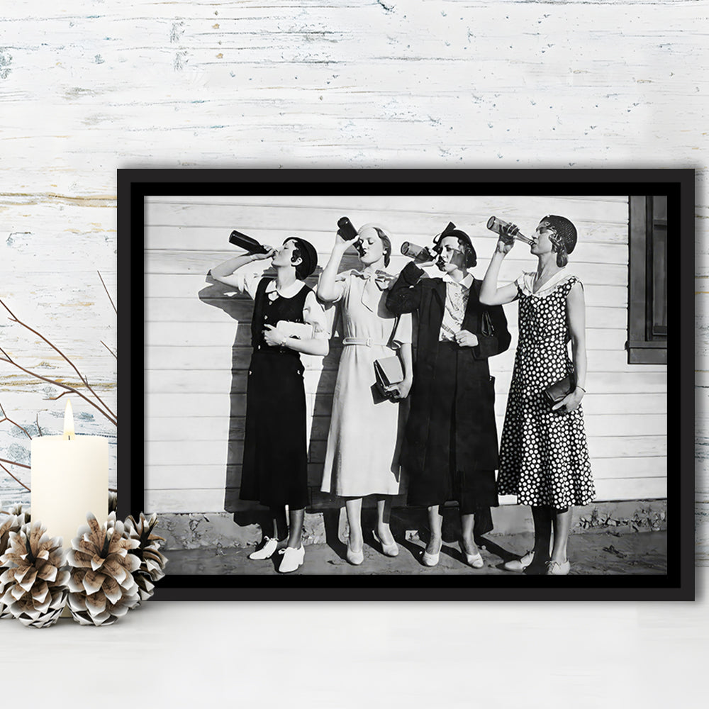 Vintage Women Drinking Beers Framed Canvas Print Wall Art, Beer Drinkers Alcohol Black and White Print, Funny Wall Art