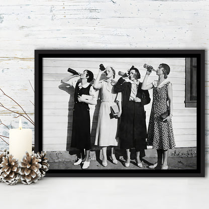 Vintage Women Drinking Beers Framed Canvas Print Wall Art, Beer Drinkers Alcohol Black and White Print, Funny Wall Art