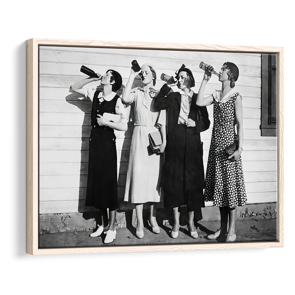 Vintage Women Drinking Beers Framed Canvas Print Wall Art, Beer Drinkers Alcohol Black and White Print, Funny Wall Art