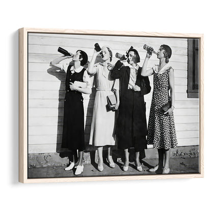Vintage Women Drinking Beers Framed Canvas Print Wall Art, Beer Drinkers Alcohol Black and White Print, Funny Wall Art