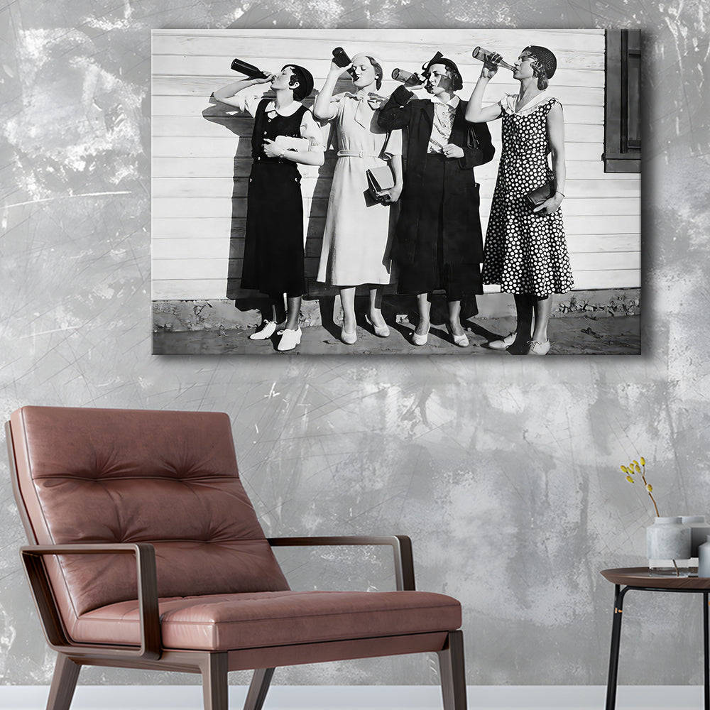 Vintage Women Drinking Beers Canvas Print Wall Art, Beer Drinkers Alcohol Black and White Print, Funny Wall Art