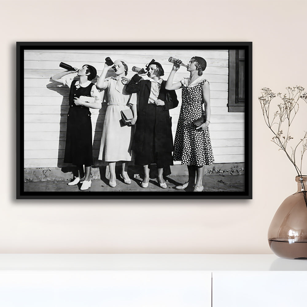 Vintage Women Drinking Beers Framed Canvas Print Wall Art, Beer Drinkers Alcohol Black and White Print, Funny Wall Art