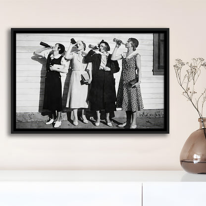 Vintage Women Drinking Beers Framed Canvas Print Wall Art, Beer Drinkers Alcohol Black and White Print, Funny Wall Art