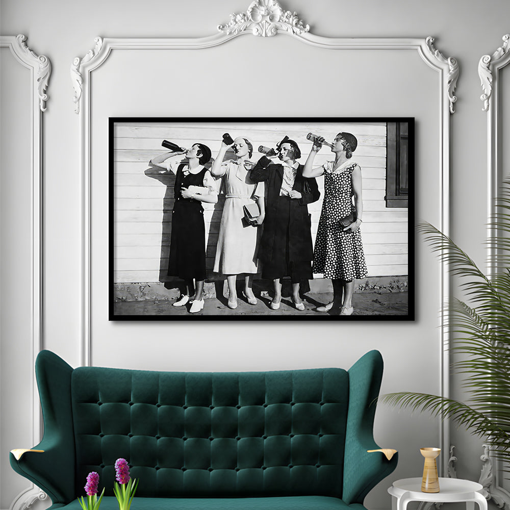 Vintage Women Drinking Beers Framed Art Print Wall Decor, Beer Drinkers Alcohol Black and White Print, Funny Wall Art