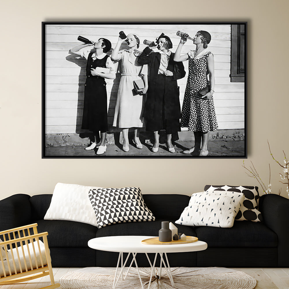 Vintage Women Drinking Beers Framed Canvas Print Wall Art, Beer Drinkers Alcohol Black and White Print, Funny Wall Art