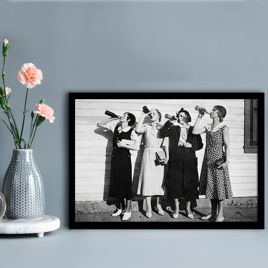 Vintage Women Drinking Beers Framed Art Print Wall Decor, Beer Drinkers Alcohol Black and White Print, Funny Wall Art