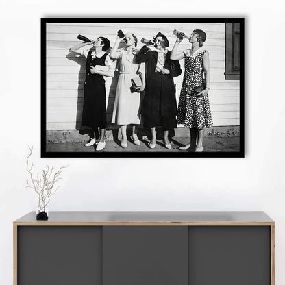 Vintage Women Drinking Beers Framed Art Print Wall Decor, Beer Drinkers Alcohol Black and White Print, Funny Wall Art