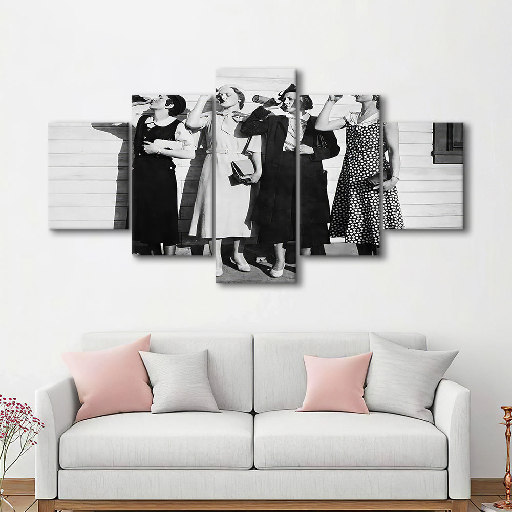 Vintage Women Drinking Beers Mixed Canvas Print Wall Art, Beer Drinkers Alcohol Black and White Print, Funny Wall Art