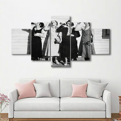 Vintage Women Drinking Beers Mixed Canvas Print Wall Art, Beer Drinkers Alcohol Black and White Print, Funny Wall Art