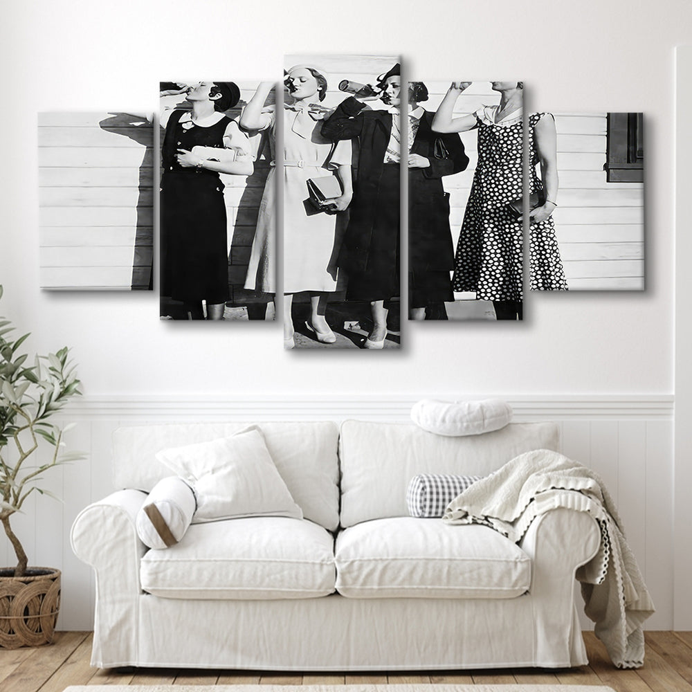 Vintage Women Drinking Beers Mixed Canvas Print Wall Art, Beer Drinkers Alcohol Black and White Print, Funny Wall Art