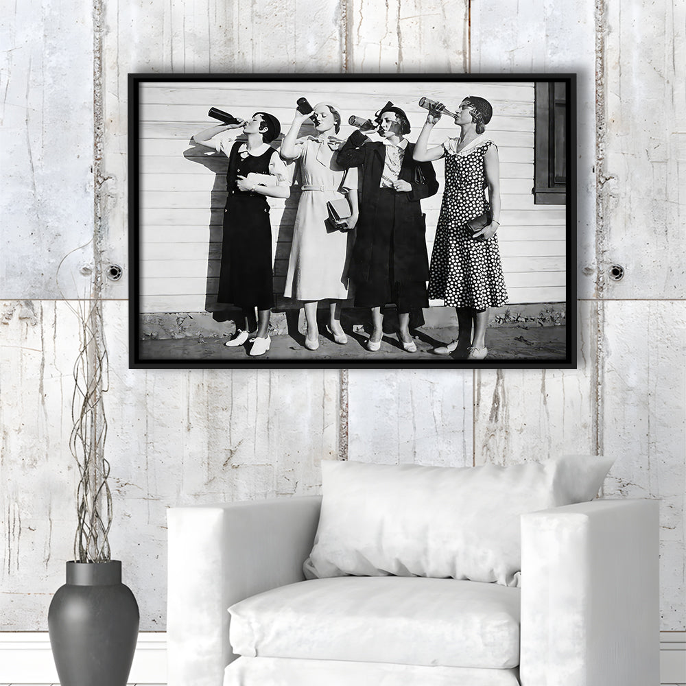 Vintage Women Drinking Beers Framed Canvas Print Wall Art, Beer Drinkers Alcohol Black and White Print, Funny Wall Art
