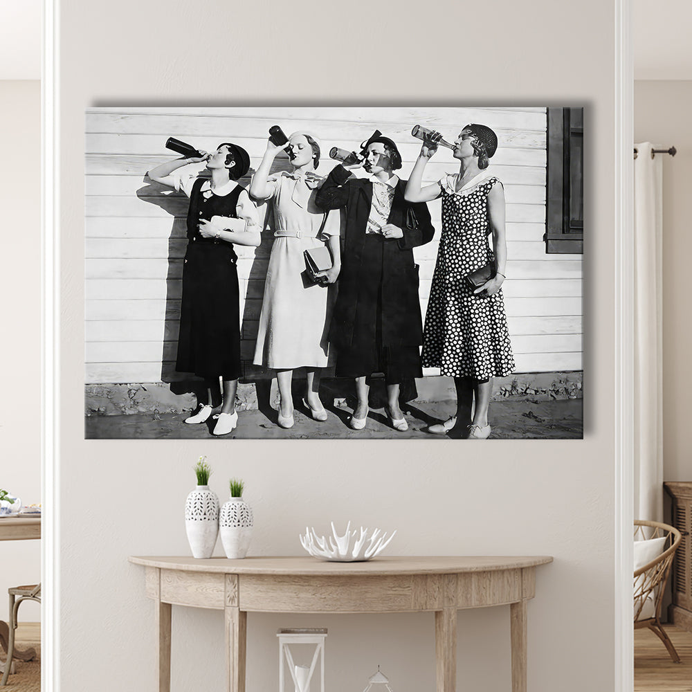 Vintage Women Drinking Beers Canvas Print Wall Art, Beer Drinkers Alcohol Black and White Print, Funny Wall Art