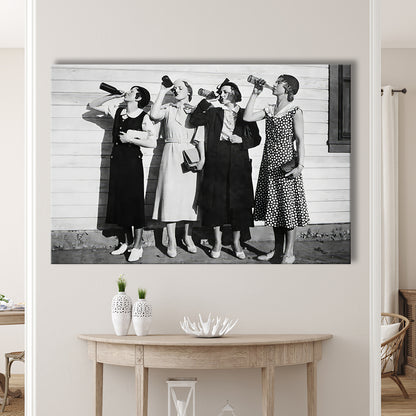 Vintage Women Drinking Beers Canvas Print Wall Art, Beer Drinkers Alcohol Black and White Print, Funny Wall Art