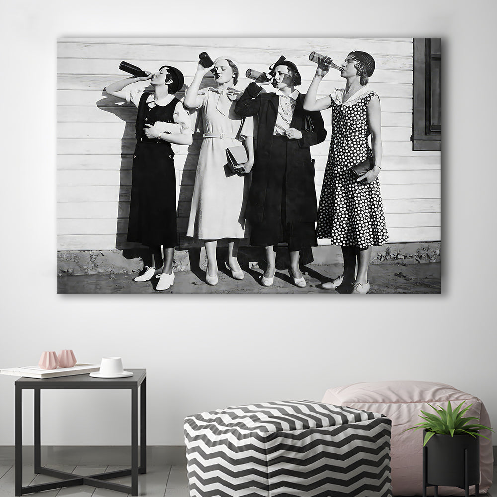 Vintage Women Drinking Beers Canvas Print Wall Art, Beer Drinkers Alcohol Black and White Print, Funny Wall Art