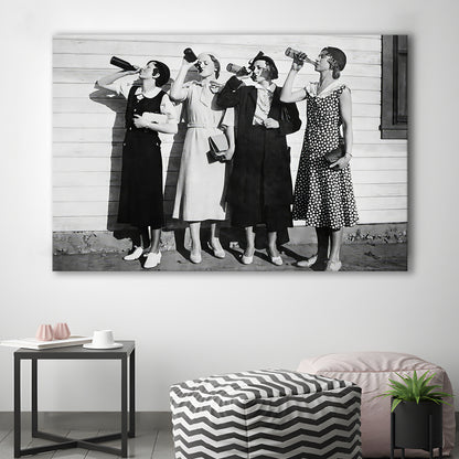 Vintage Women Drinking Beers Canvas Print Wall Art, Beer Drinkers Alcohol Black and White Print, Funny Wall Art