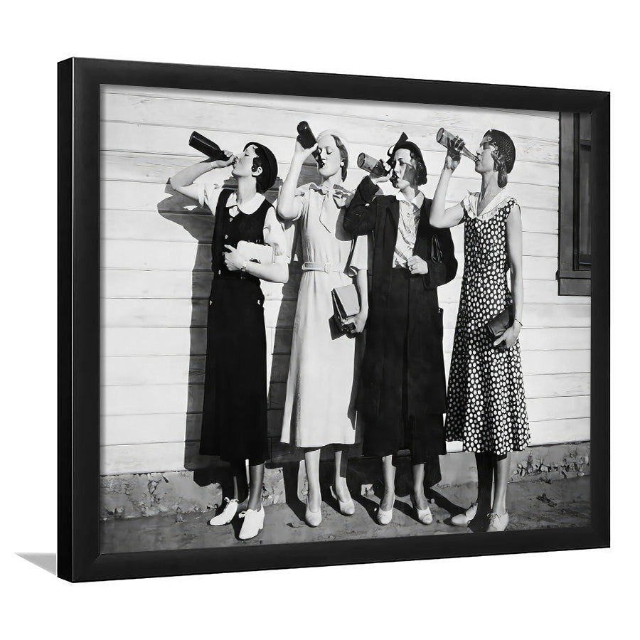 Vintage Women Drinking Beers Framed Art Print Wall Decor, Beer Drinkers Alcohol Black and White Print, Funny Wall Art