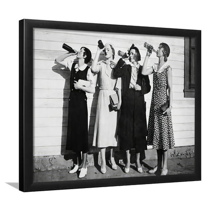 Vintage Women Drinking Beers Framed Art Print Wall Decor, Beer Drinkers Alcohol Black and White Print, Funny Wall Art