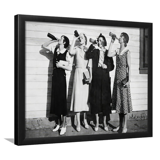 Vintage Women Drinking Beers Framed Art Print Wall Decor, Beer Drinkers Alcohol Black and White Print, Funny Wall Art